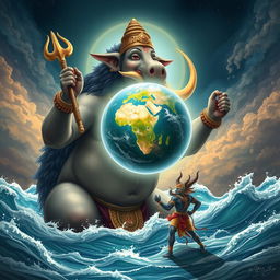 A grand illustration of Lord Vishnu in His boar form, Varaha, majestically lifting the Earth with the tusks of His mouth