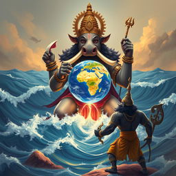 A grand illustration of Lord Vishnu in His boar form, Varaha, majestically lifting the Earth with the tusks of His mouth