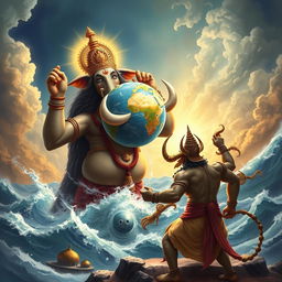 A grand illustration of Lord Vishnu in His boar form, Varaha, majestically lifting the Earth with the tusks of His mouth