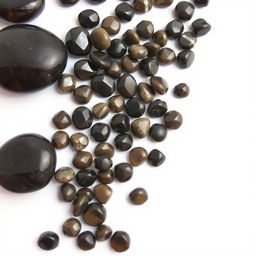 A collection of large and small Apache Tear stones displayed on a pristine white backdrop