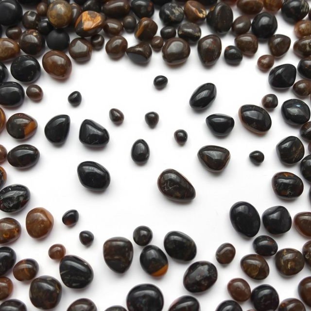 A collection of large and small Apache Tear stones displayed on a pristine white backdrop