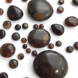 A collection of large and small Apache Tear stones displayed on a pristine white backdrop