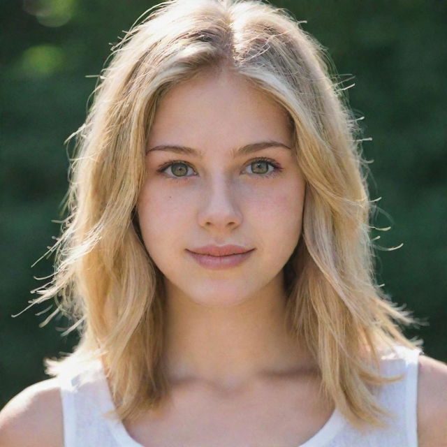 An 18-year-old girl with sunny blonde hair and soft brown eyes.