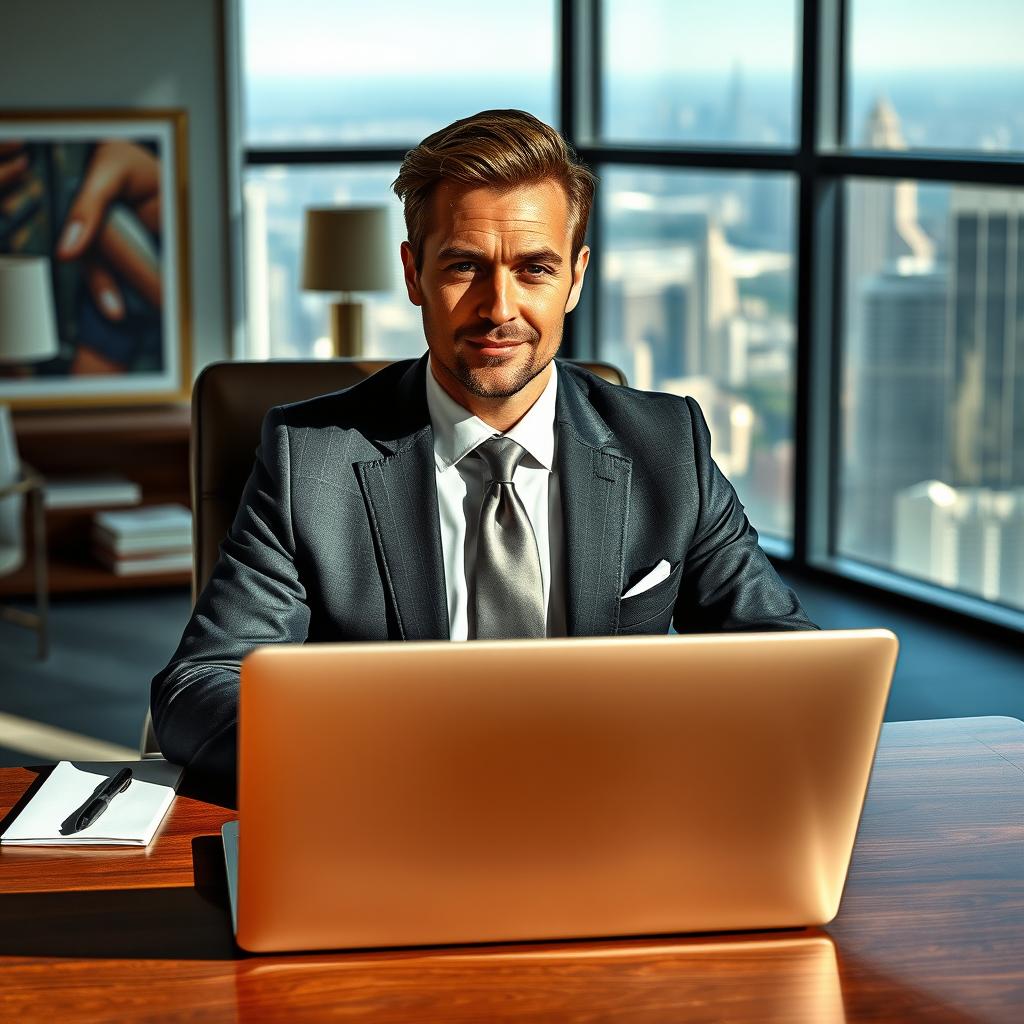 A sophisticated and confident businessman in an elegant office setting