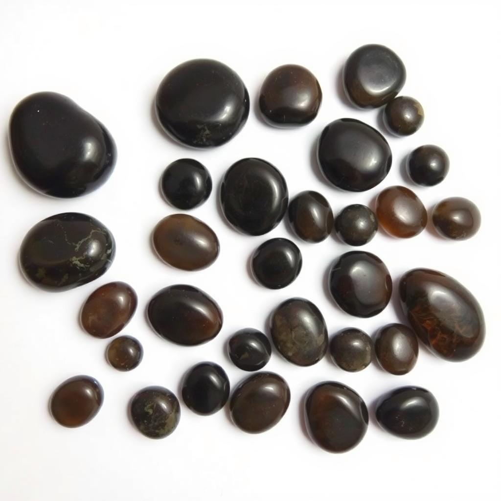 A collection of large and small Apache Tear stones displayed on a pure white backdrop