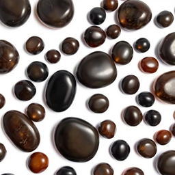 A collection of large and small Apache Tear stones displayed on a pure white backdrop