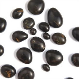 A collection of large and small Apache Tear stones displayed on a pure white backdrop