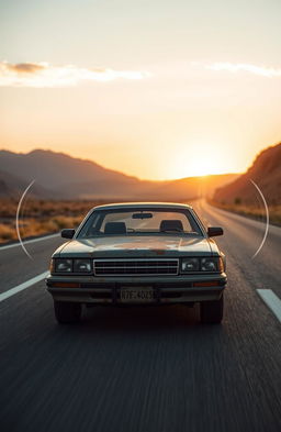 A 2000 model car driving on a scenic highway, with sound waves visually represented around the car to indicate noises it makes while driving