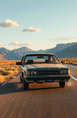 A 2000 model car driving on a scenic highway, with sound waves visually represented around the car to indicate noises it makes while driving