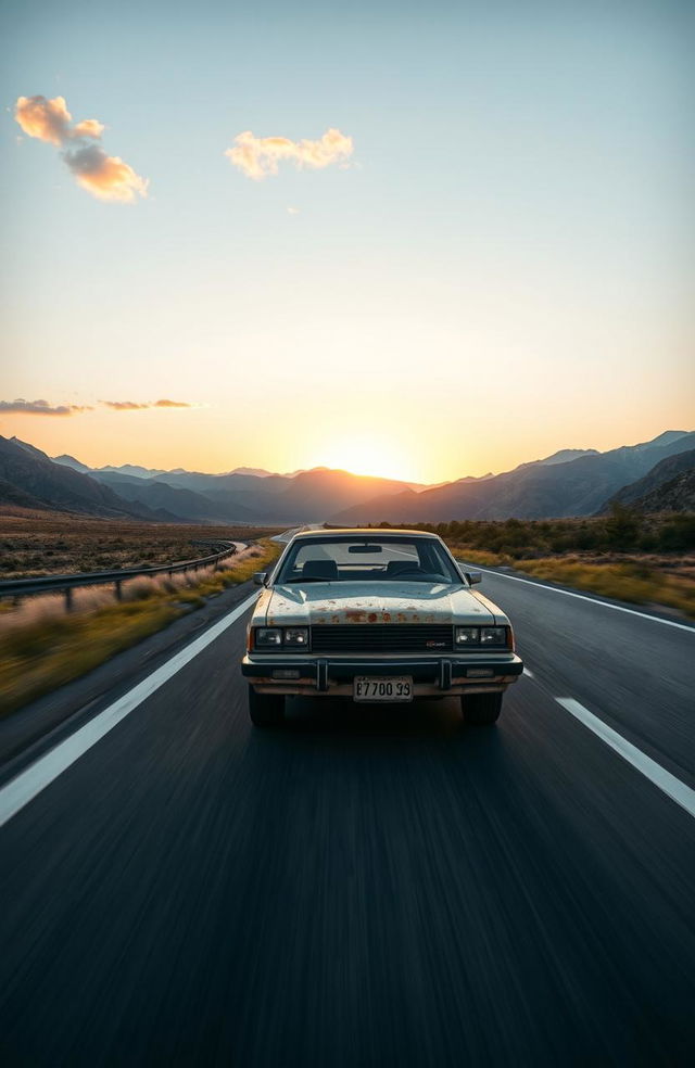 A 2000 model car driving on a scenic highway, with sound waves visually represented around the car to indicate noises it makes while driving