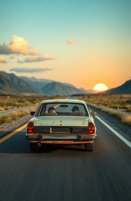 A 2000 model car driving on a scenic highway, with sound waves visually represented around the car to indicate noises it makes while driving