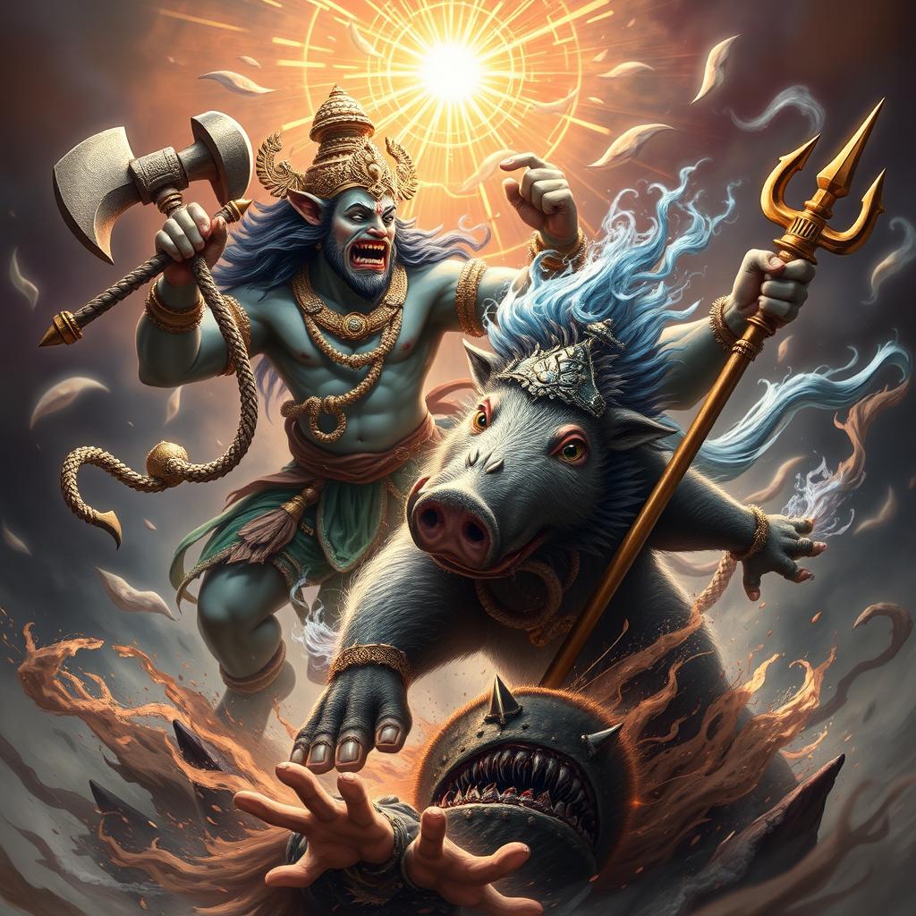 A dynamic and powerful depiction of the fierce battle between Varaha Avatar, the boar form of Lord Vishnu, and Hiranyaksha