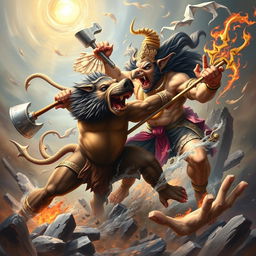 A dynamic and powerful depiction of the fierce battle between Varaha Avatar, the boar form of Lord Vishnu, and Hiranyaksha