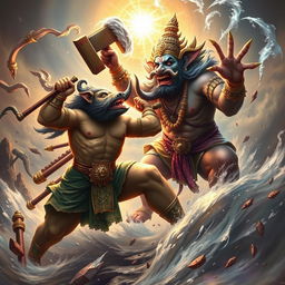 A dynamic and powerful depiction of the fierce battle between Varaha Avatar, the boar form of Lord Vishnu, and Hiranyaksha