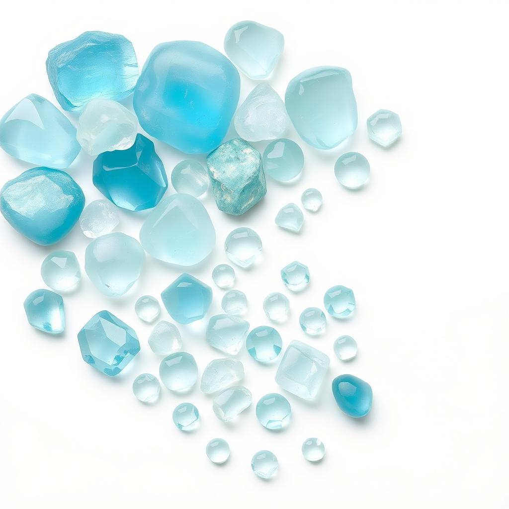 An exquisite arrangement of large and small Aquamarine stones set against a pure white backdrop