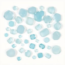 An exquisite arrangement of large and small Aquamarine stones set against a pure white backdrop