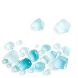 An exquisite arrangement of large and small Aquamarine stones set against a pure white backdrop