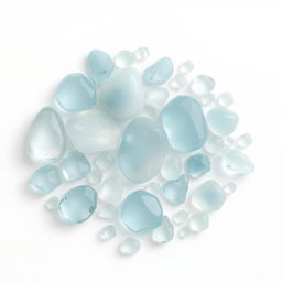 An exquisite arrangement of large and small Aquamarine stones set against a pure white backdrop