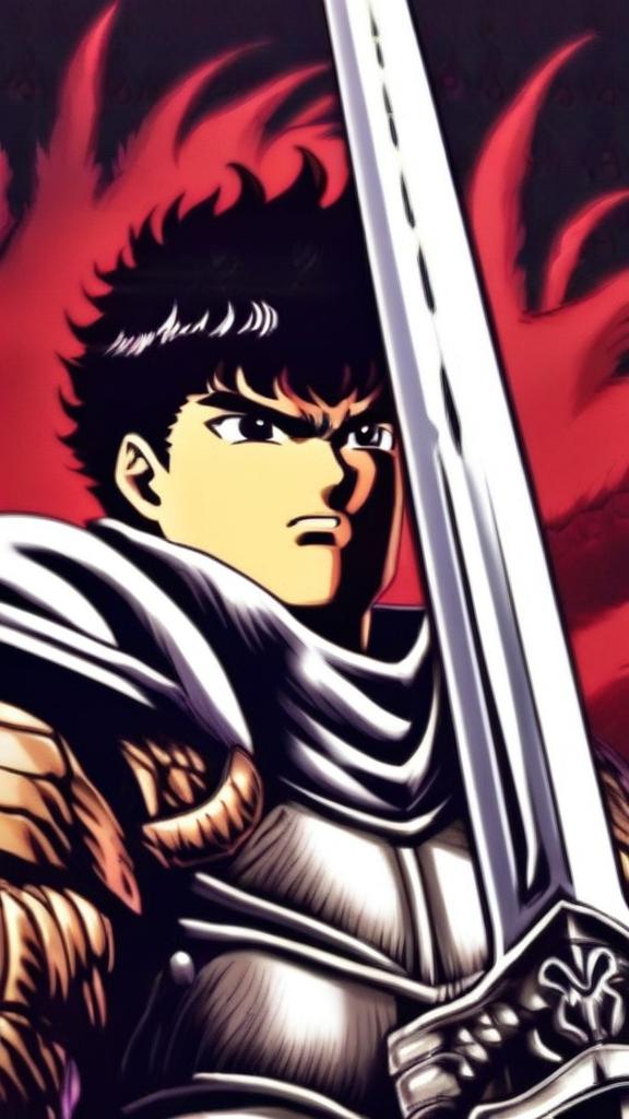 Digital art profile picture of Guts from Berserk, waist-up, with his Dragonslayer sword on shoulder against a dark background.