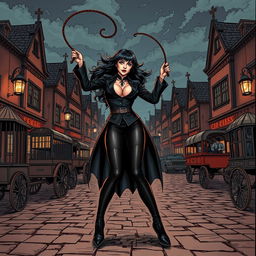 A powerful and intriguing mistress with a whip, dressed in a stylish and original black suit and tights, performing a captivating show on a gothic-themed town street