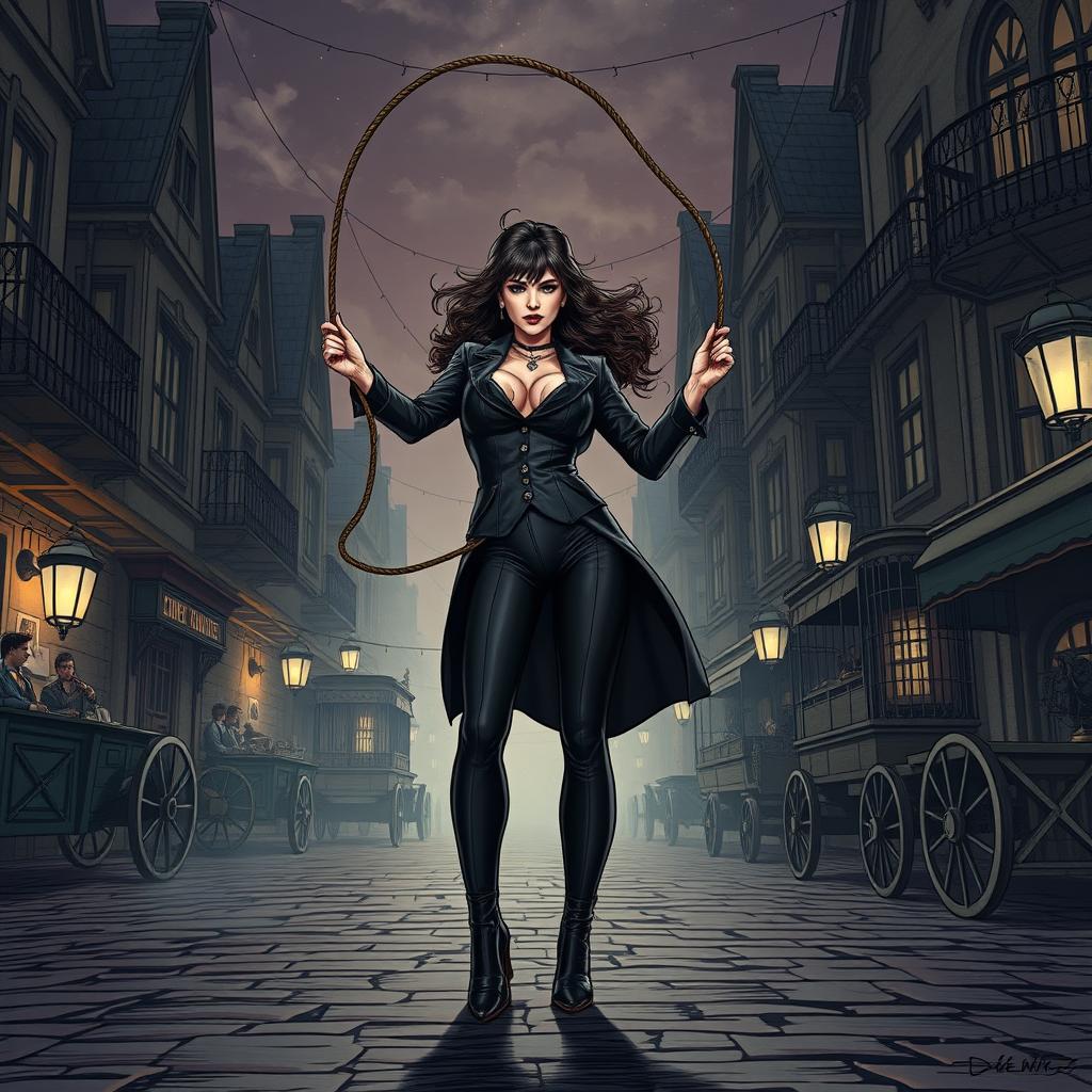 A powerful and intriguing mistress with a whip, dressed in a stylish and original black suit and tights, performing a captivating show on a gothic-themed town street