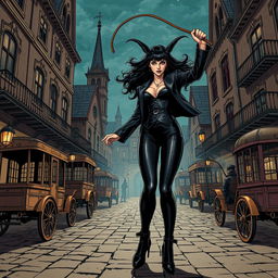 A powerful and intriguing mistress with a whip, dressed in a stylish and original black suit and tights, performing a captivating show on a gothic-themed town street