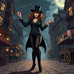 A powerful and intriguing mistress with a whip, dressed in a stylish and original black suit and tights, performing a captivating show on a gothic-themed town street