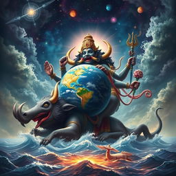 A triumphant portrayal of the Varaha Avatar, Lord Vishnu in His powerful boar form, having defeated the demon Hiranyaksha with His mighty tusks