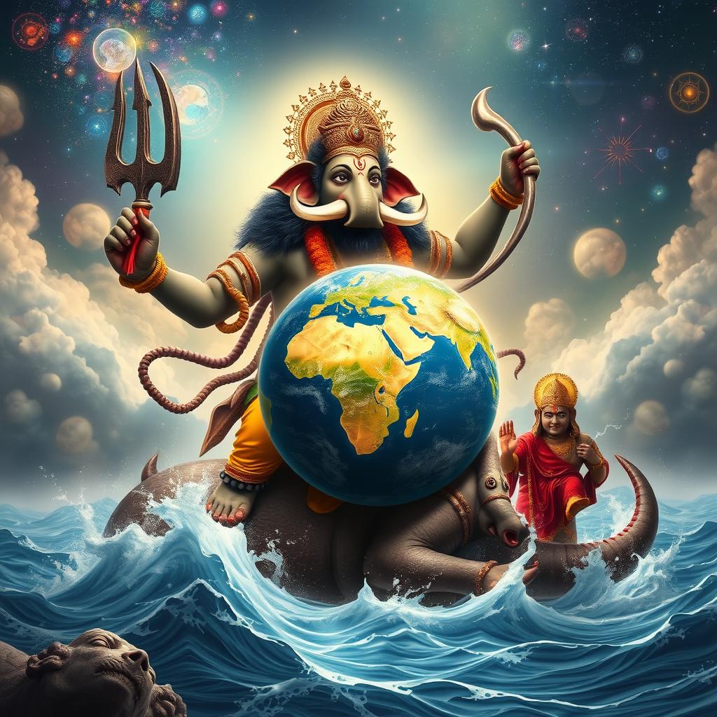 A triumphant portrayal of the Varaha Avatar, Lord Vishnu in His powerful boar form, having defeated the demon Hiranyaksha with His mighty tusks