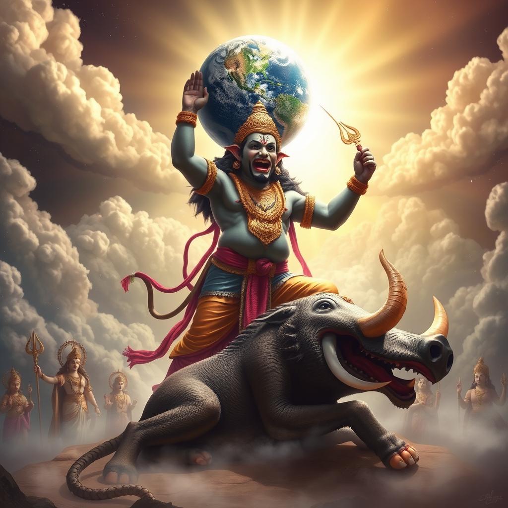 A majestic scene depicting Varaha Avatar, Lord Vishnu in His boar form, having defeated the demon Hiranyaksha