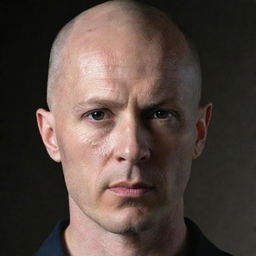 A portrait of a man with a completely bald, shiny head and notably sharp facial features. His countenance is commanding and striking, underlined by a focused gaze.