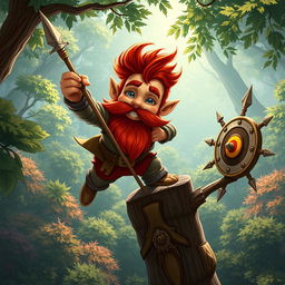 In a fantastical Dungeons & Dragons setting, a ruddy tan, red-haired male rock gnome artificer with sapphire-blue eyes, a red beard, and mustache is smiling joyfully while stabbing a spear into a target mounted on a tree