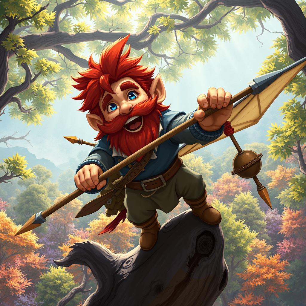 In a fantastical Dungeons & Dragons setting, a ruddy tan, red-haired male rock gnome artificer with sapphire-blue eyes, a red beard, and mustache is smiling joyfully while stabbing a spear into a target mounted on a tree