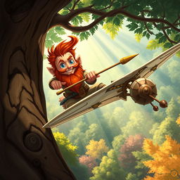 In a fantastical Dungeons & Dragons setting, a ruddy tan, red-haired male rock gnome artificer with sapphire-blue eyes, a red beard, and mustache is smiling joyfully while stabbing a spear into a target mounted on a tree