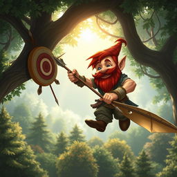 In a fantastical Dungeons & Dragons setting, a ruddy tan, red-haired male rock gnome artificer with sapphire-blue eyes, a red beard, and mustache is smiling joyfully while stabbing a spear into a target mounted on a tree