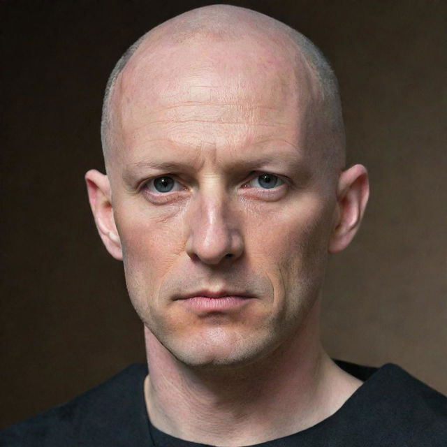 A portrait of a man with a completely bald, shiny head and notably sharp facial features. His countenance is commanding and striking, underlined by a focused gaze.