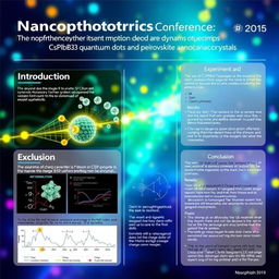 A visually engaging and informative poster for a science conference about nanophotonics, centered around the topic "The dynamics of charge carriers in Cd-doped CsPbBr3 quantum dots and perovskite nanocrystals