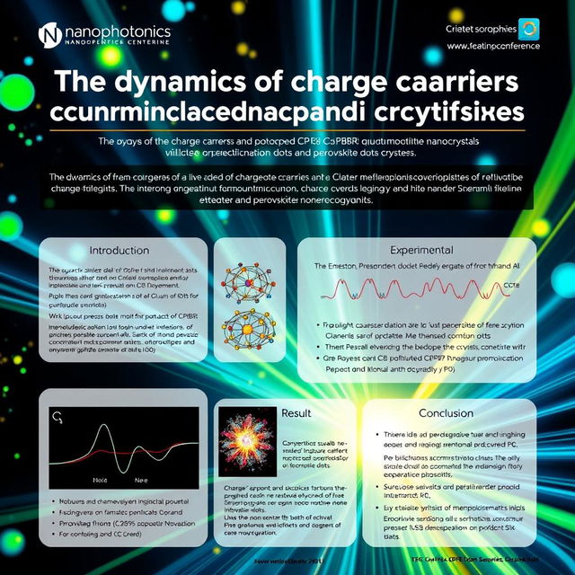 A visually engaging and informative poster for a science conference about nanophotonics, centered around the topic "The dynamics of charge carriers in Cd-doped CsPbBr3 quantum dots and perovskite nanocrystals