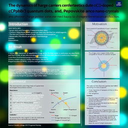 A visually engaging and informative poster for a science conference about nanophotonics, centered around the topic "The dynamics of charge carriers in Cd-doped CsPbBr3 quantum dots and perovskite nanocrystals