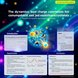 A visually engaging and informative poster for a science conference about nanophotonics, centered around the topic "The dynamics of charge carriers in Cd-doped CsPbBr3 quantum dots and perovskite nanocrystals