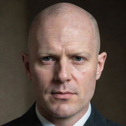 A portrait of a man with a completely bald, shiny head and notably sharp facial features. His countenance is commanding and striking, underlined by a focused gaze.