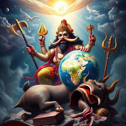 A stunning scene showing Varaha Avatar, the boar form of Lord Vishnu, after defeating Hiranyaksha, a courageous warrior armed with a mace and trident