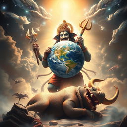 A stunning scene showing Varaha Avatar, the boar form of Lord Vishnu, after defeating Hiranyaksha, a courageous warrior armed with a mace and trident