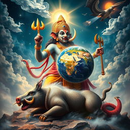 A stunning scene showing Varaha Avatar, the boar form of Lord Vishnu, after defeating Hiranyaksha, a courageous warrior armed with a mace and trident