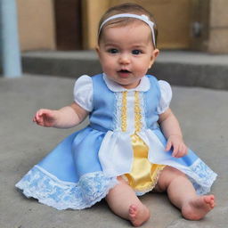 A cute baby dressed in Belle's iconic blue and white town outfit from the movie Beauty and the Beast