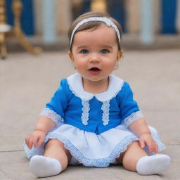 A cute baby dressed in Belle's iconic blue and white town outfit from the movie Beauty and the Beast