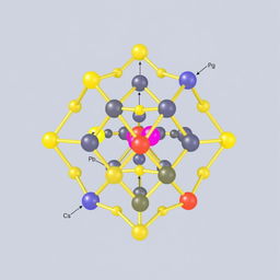 A detailed scientific diagram illustrating the crystal lattice structure of CsPbBr3 perovskite with Cd atoms integrated into it