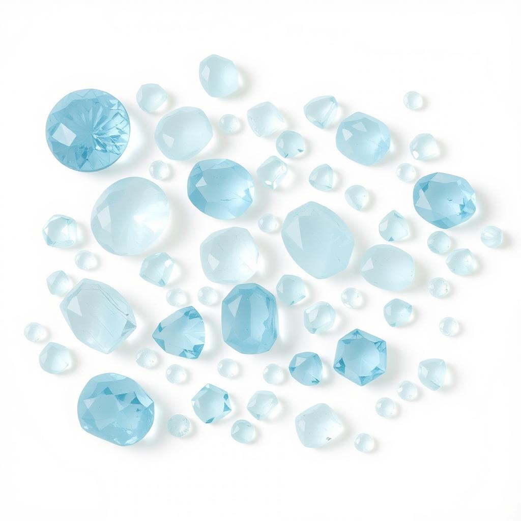 An exquisite display of large and small Aquamarine stones on a pure white backdrop