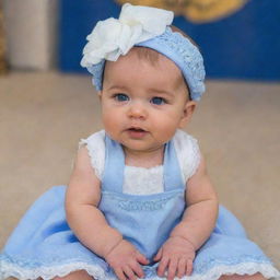 A cute baby dressed in Belle's iconic blue and white town outfit from the movie Beauty and the Beast