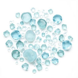 An exquisite display of large and small Aquamarine stones on a pure white backdrop